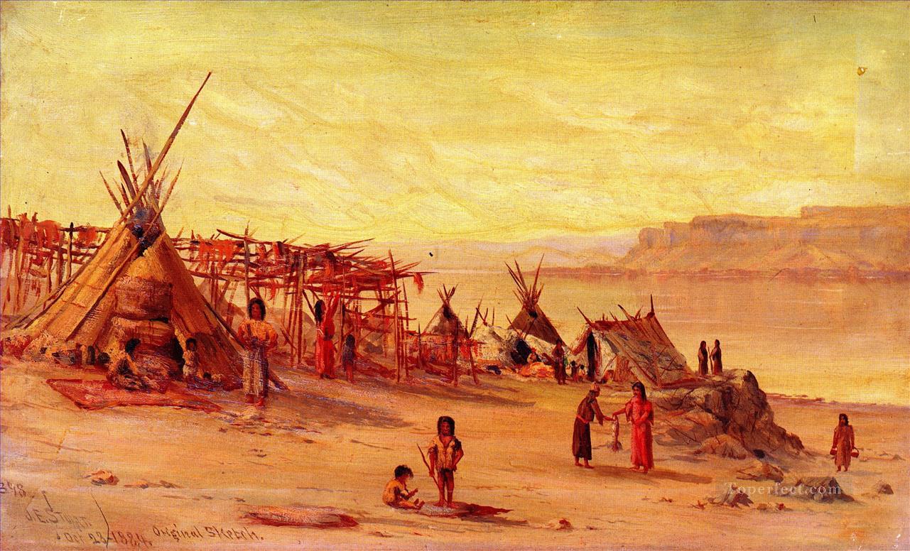 ジェームズ・エヴェレット・スチュアートxx セリロ近くのインディアン・キャンプ油絵